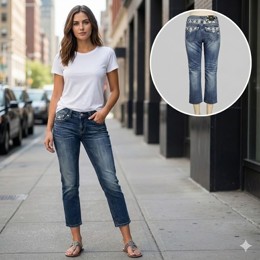 Miss Me Boyfriend Capri Jeans Womens 27 Bling Pockets Thick Stitch Dark Wash Y2K